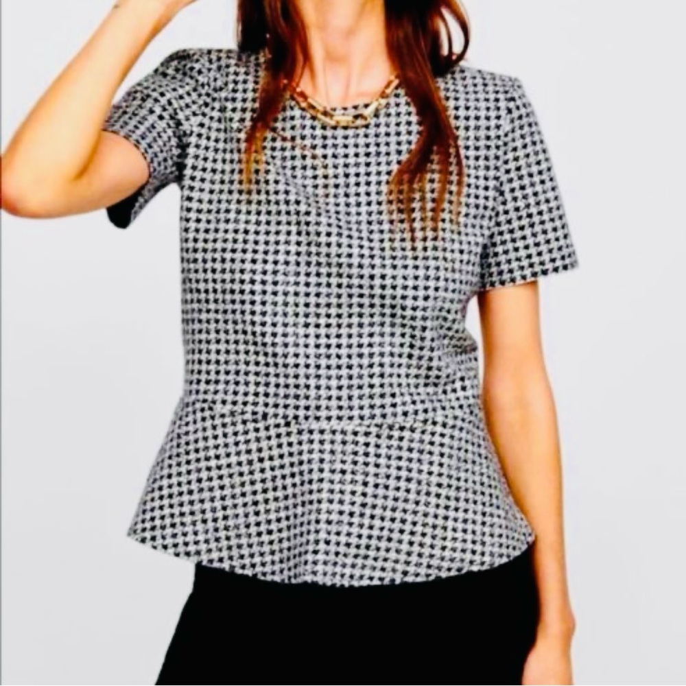 ZARA Peplum Top Houndstooth Size L Black White Gray